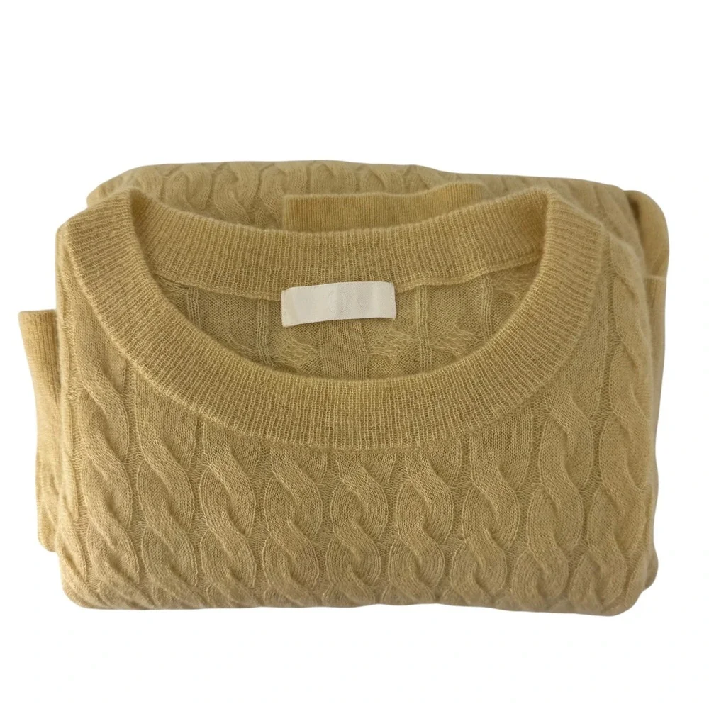 Cashmere Silk Cable Knit Sweater Mens Small pale Yellow  Crew Neck Pullover